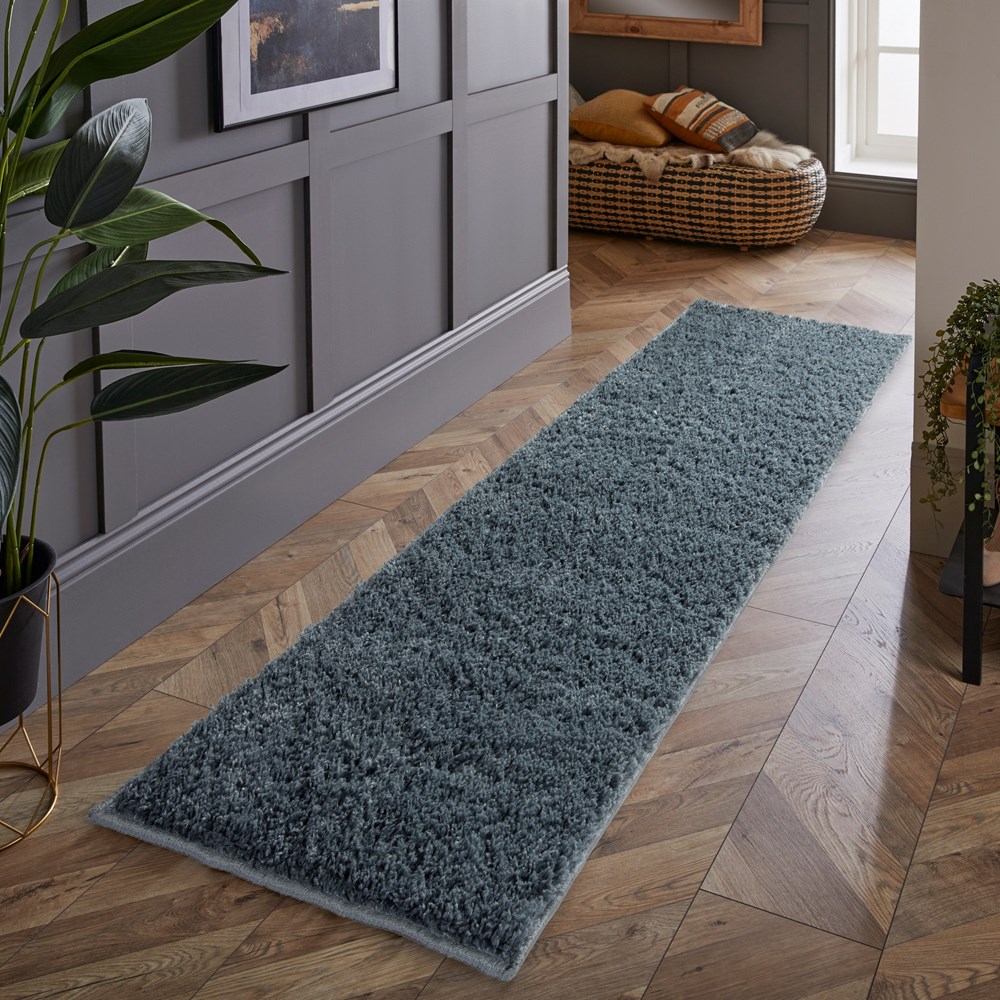 Larissa Washable Plain Shaggy Runner Rug in Blue